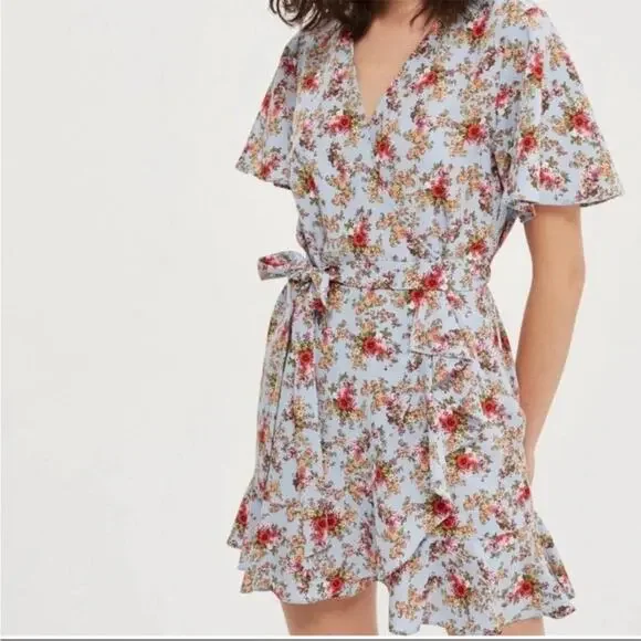 Topshop Confetti Floral Wrap Tea Dress Light Blue Multicolor Size 6 - Picture 1 of 9
